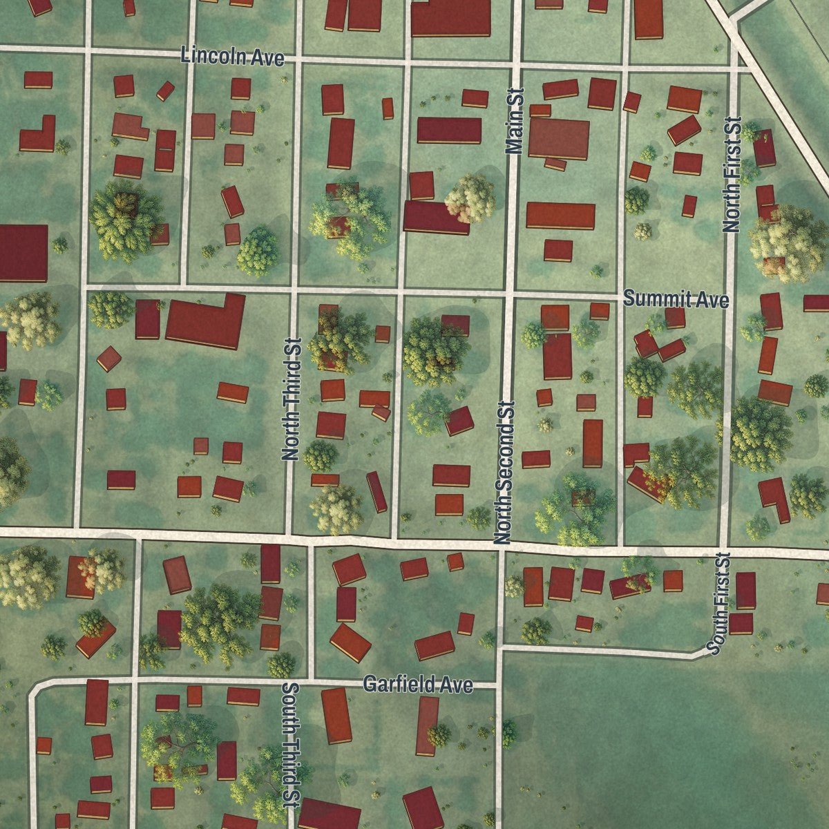 Close-up of the map of Milan, Minnesota print showing street and building detail
