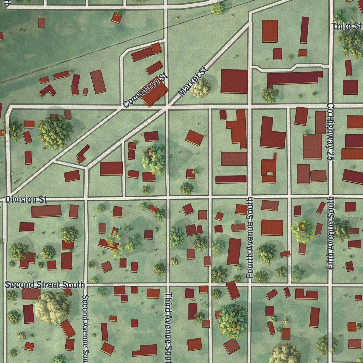 Close-up of the map of Brownton, Minnesota print showing street and building detail