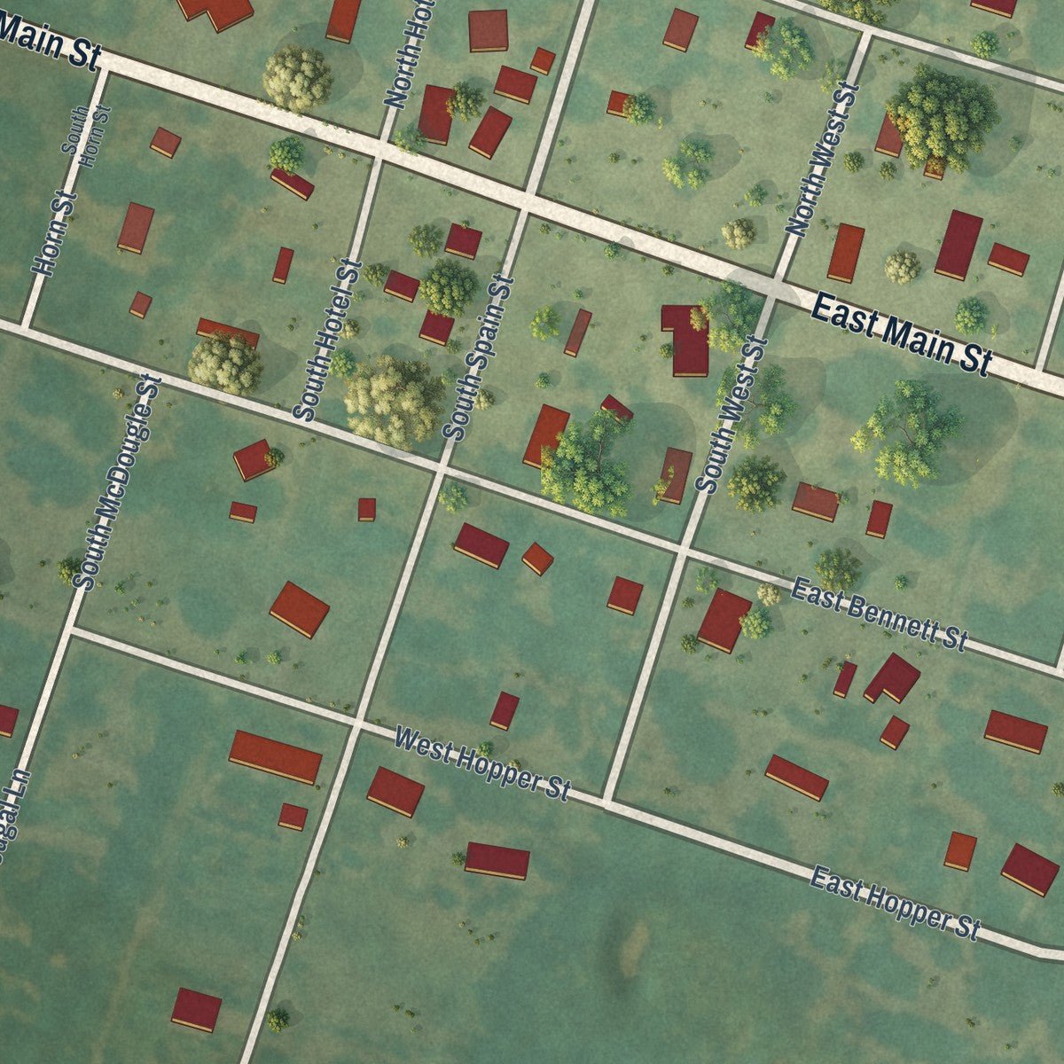 Close-up of the map of Letona, Arkansas print showing street and building detail