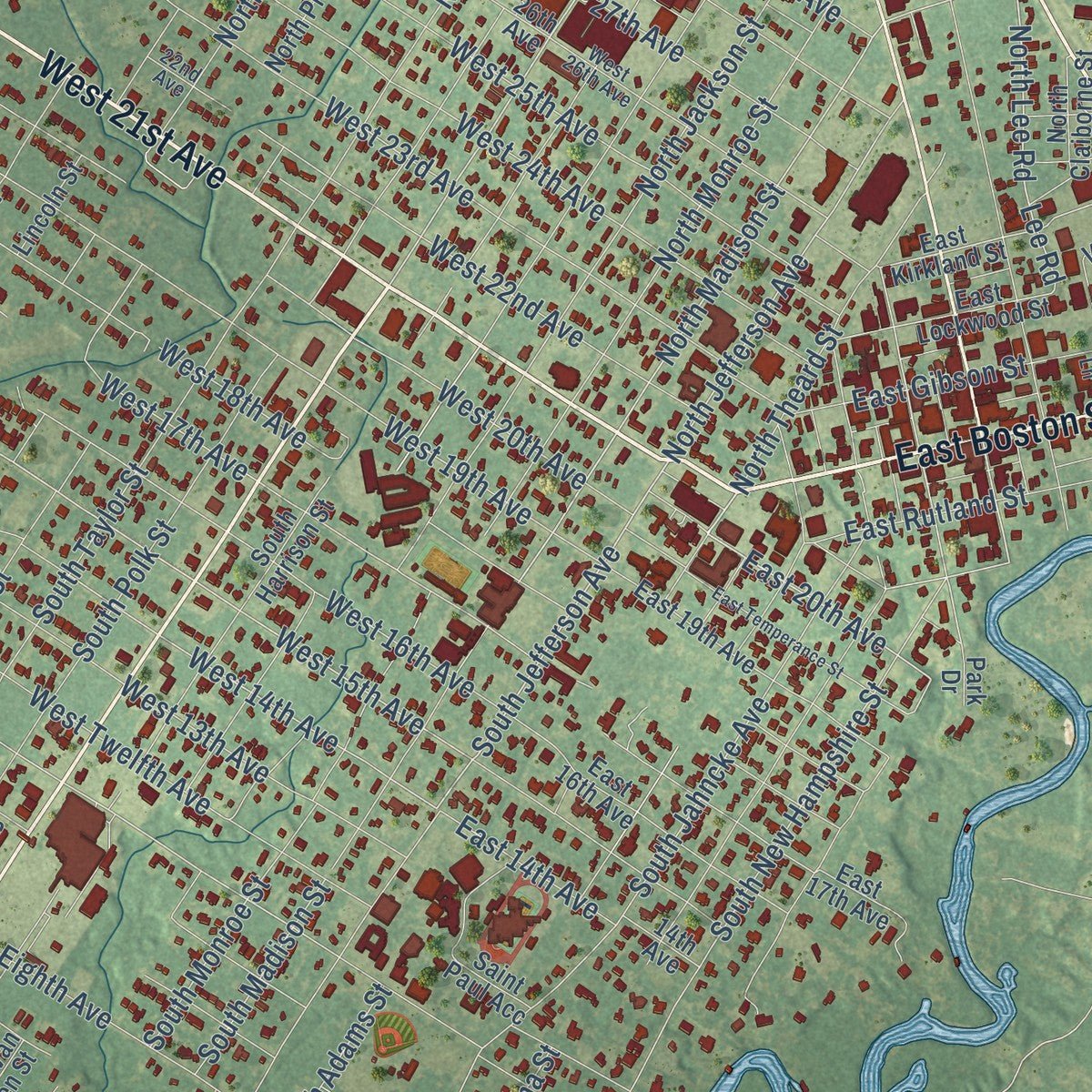 Close-up of the map of Covington, Louisiana print showing street and building detail