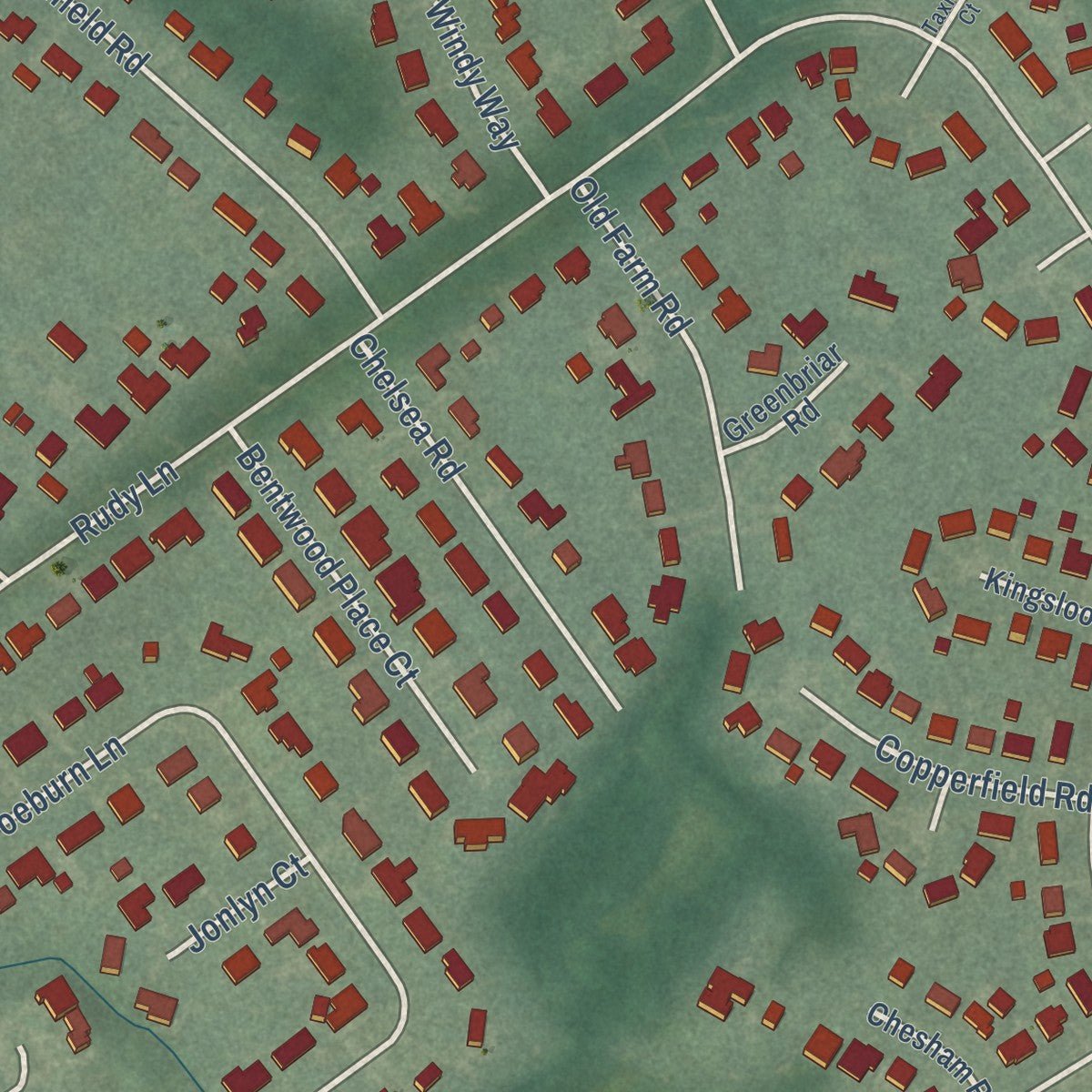 Close-up of the map of Windy Hills, Kentucky print showing street and building detail