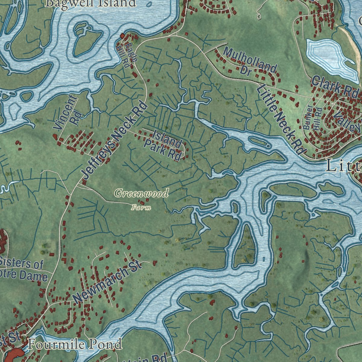 Close-up of the map of Ipswich, Massachusetts print showing street and building detail