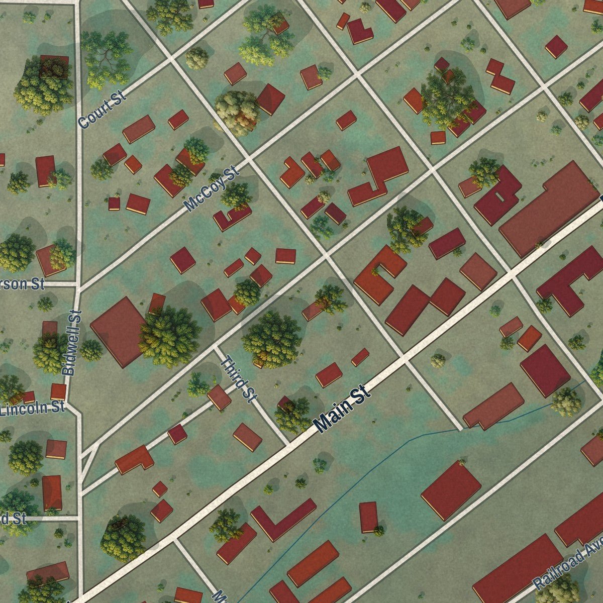 Close-up of the map of Moro, Oregon print showing street and building detail