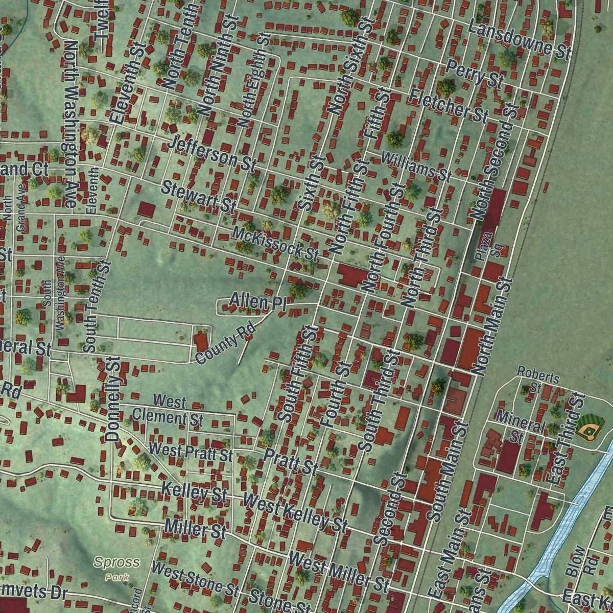 Close-up of the map of De Soto, Missouri print showing street and building detail