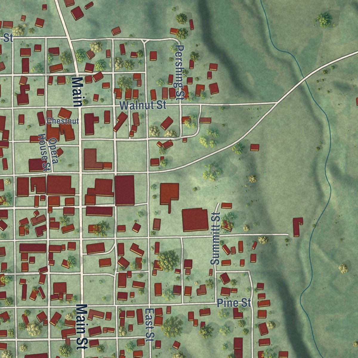 Close-up of the map of Greenfield, Illinois print showing street and building detail