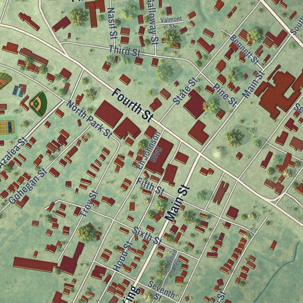 Close-up of the map of Jonesville, Louisiana print showing street and building detail
