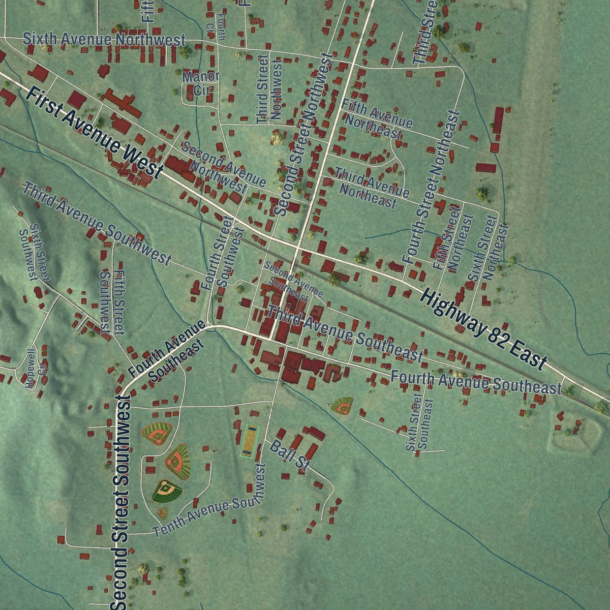Close-up of the map of Reform, Alabama print showing street and building detail