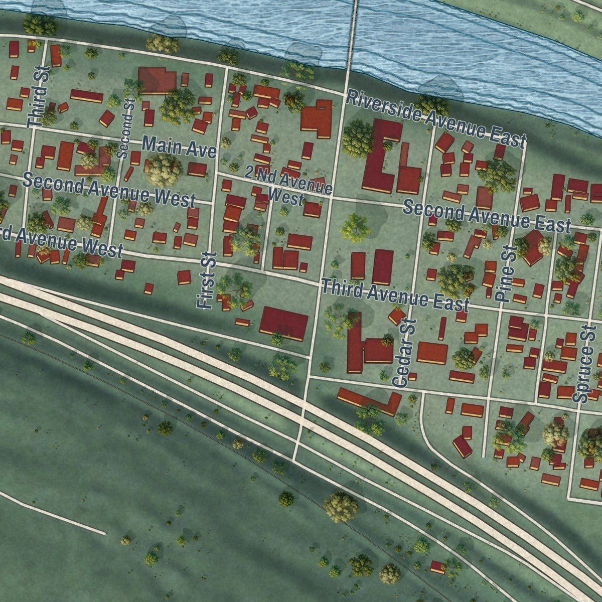 Close-up of the map of Superior, Montana print showing street and building detail