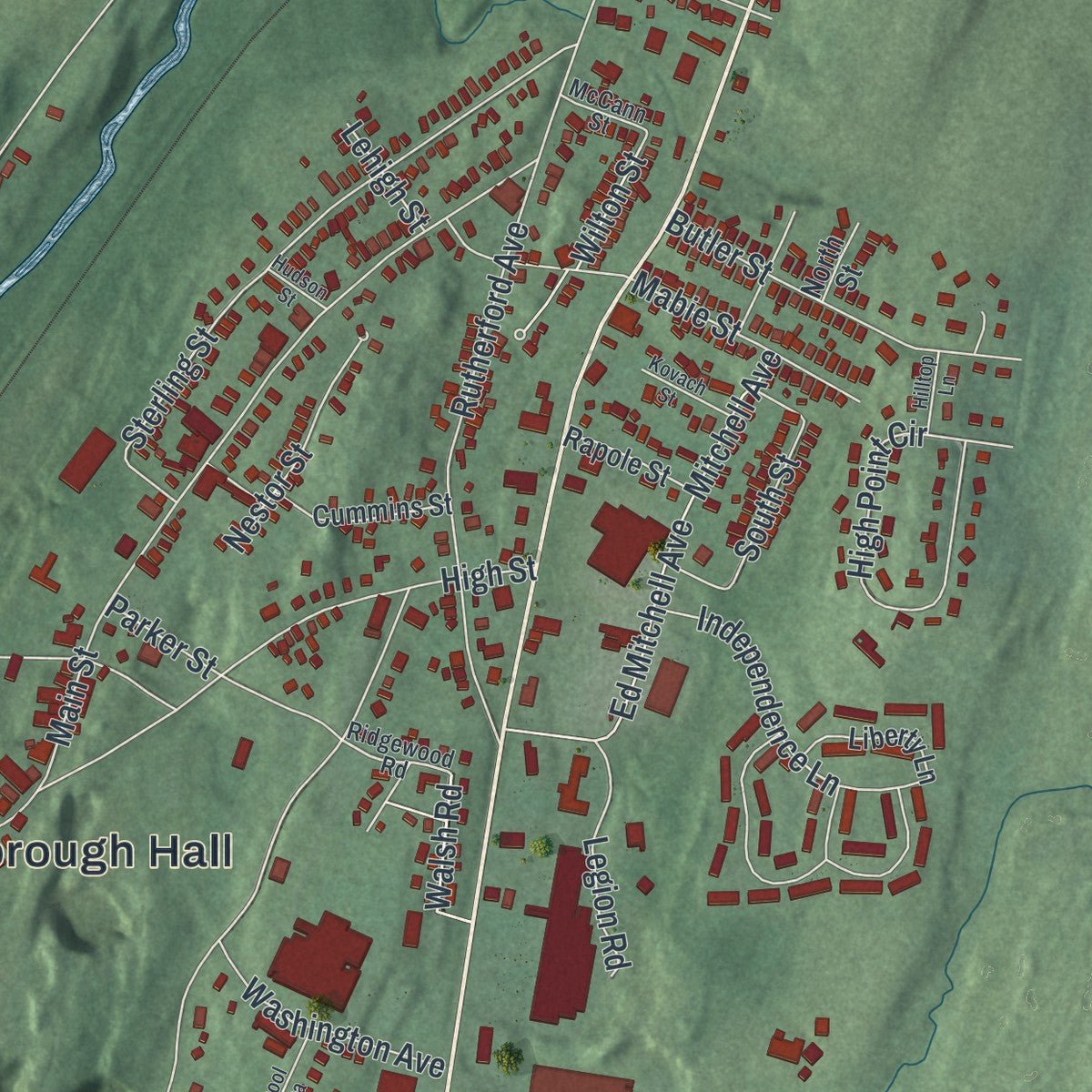 Close-up of the map of Franklin, Sussex County, New Jersey print showing street and building detail