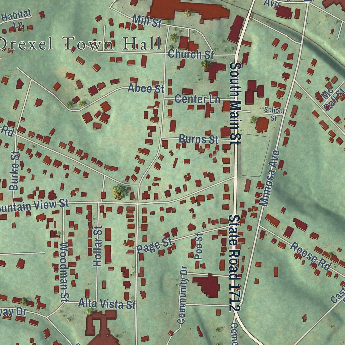Close-up of the map of Drexel, North Carolina print showing street and building detail