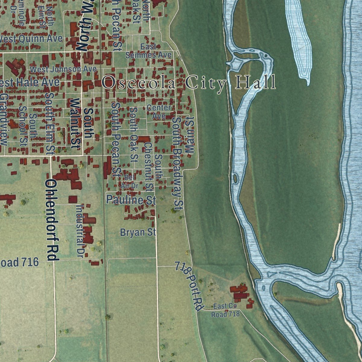 Close-up of the map of Osceola, Arkansas print showing street and building detail