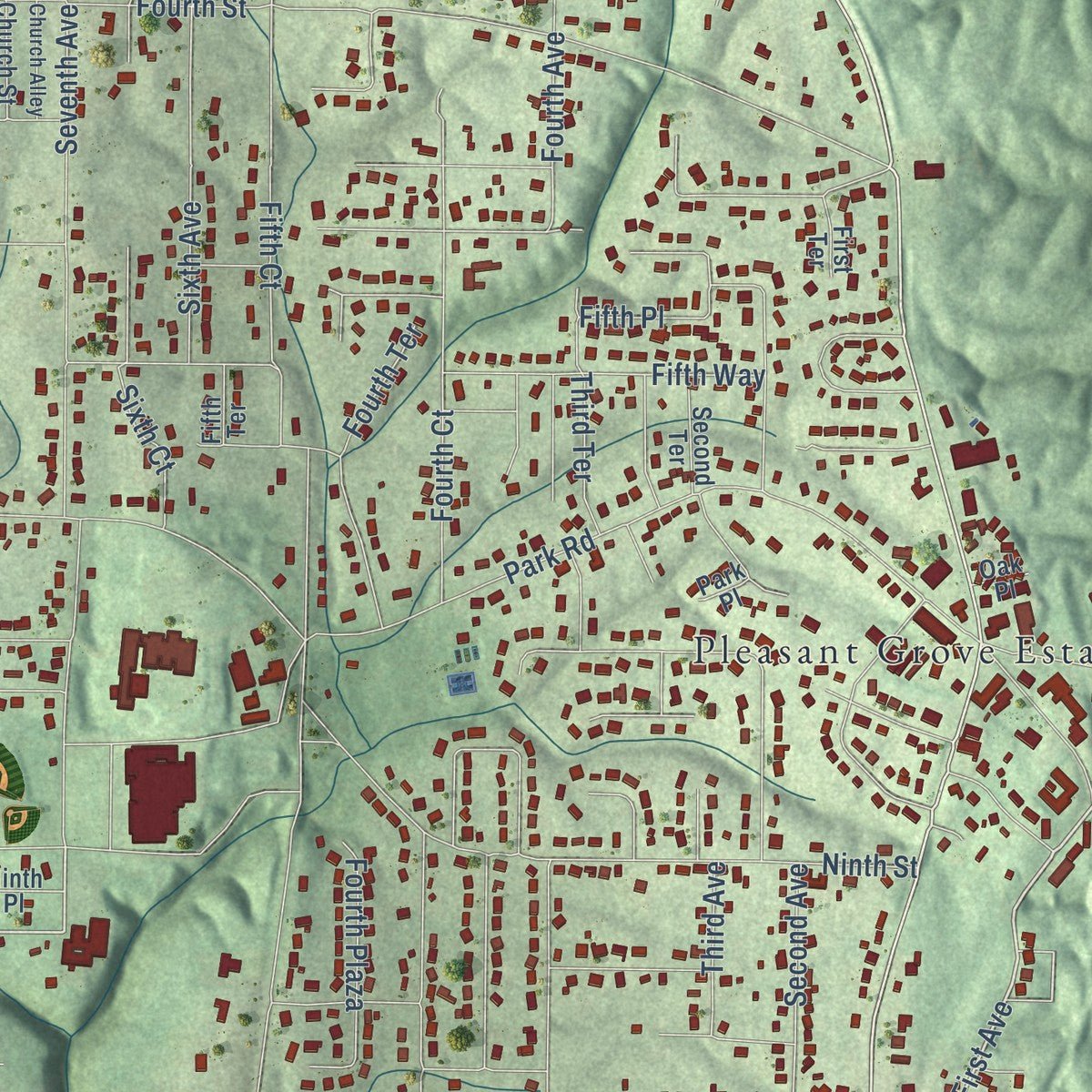 Close-up of the map of Pleasant Grove, Alabama print showing street and building detail