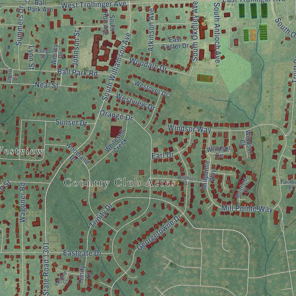 Close-up of the map of Elon, North Carolina print showing street and building detail