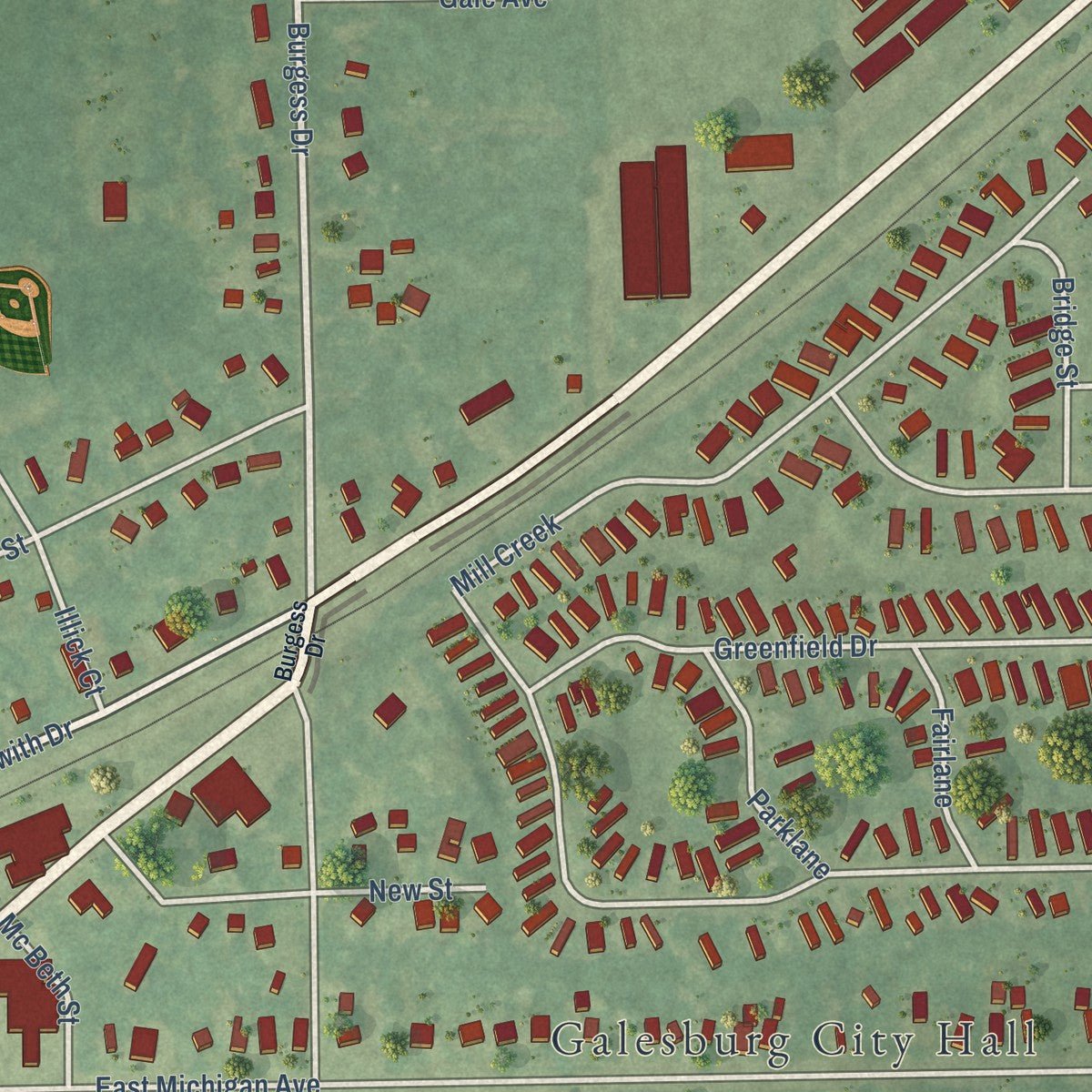Close-up of the map of Galesburg, Michigan print showing street and building detail