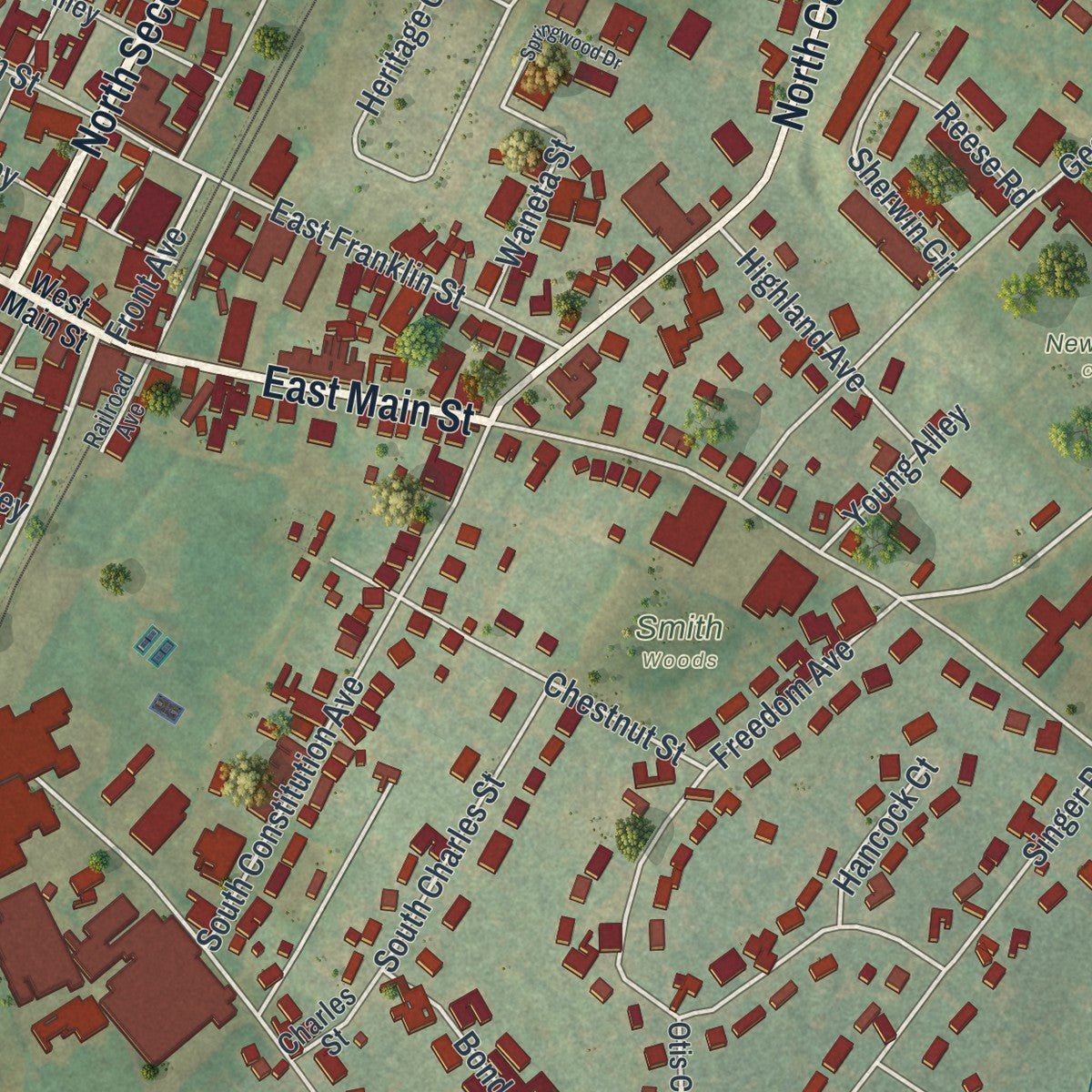 Close-up of the map of New Freedom, Pennsylvania print showing street and building detail