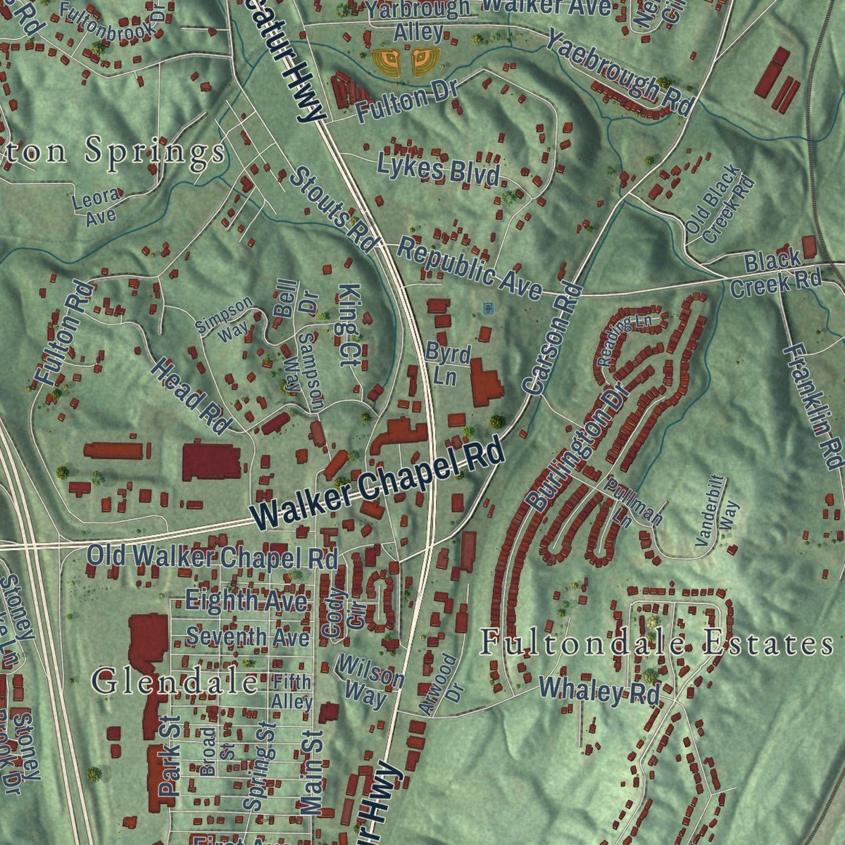 Close-up of the map of Fultondale, Alabama print showing street and building detail