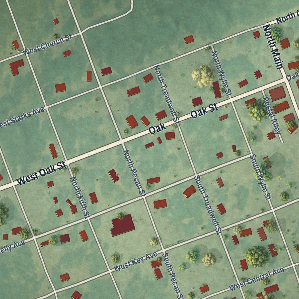 Close-up of the map of Carthage, Arkansas print showing street and building detail