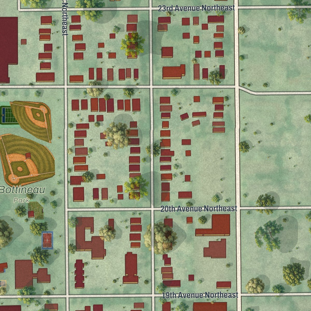 Close-up of the map of Bottineau, Minnesota print showing street and building detail