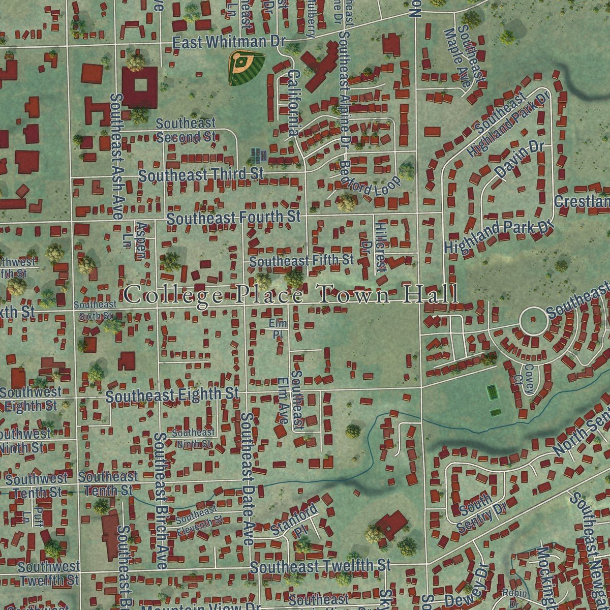 Close-up of the map of College Place, Washington print showing street and building detail