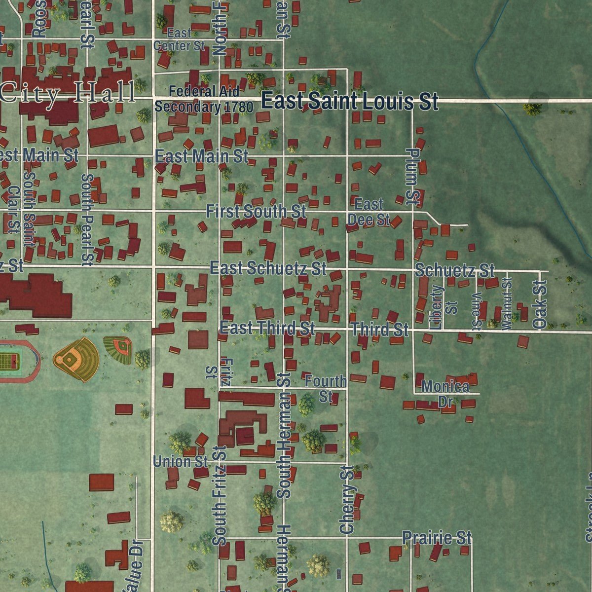 Close-up of the map of Lebanon, Illinois print showing street and building detail