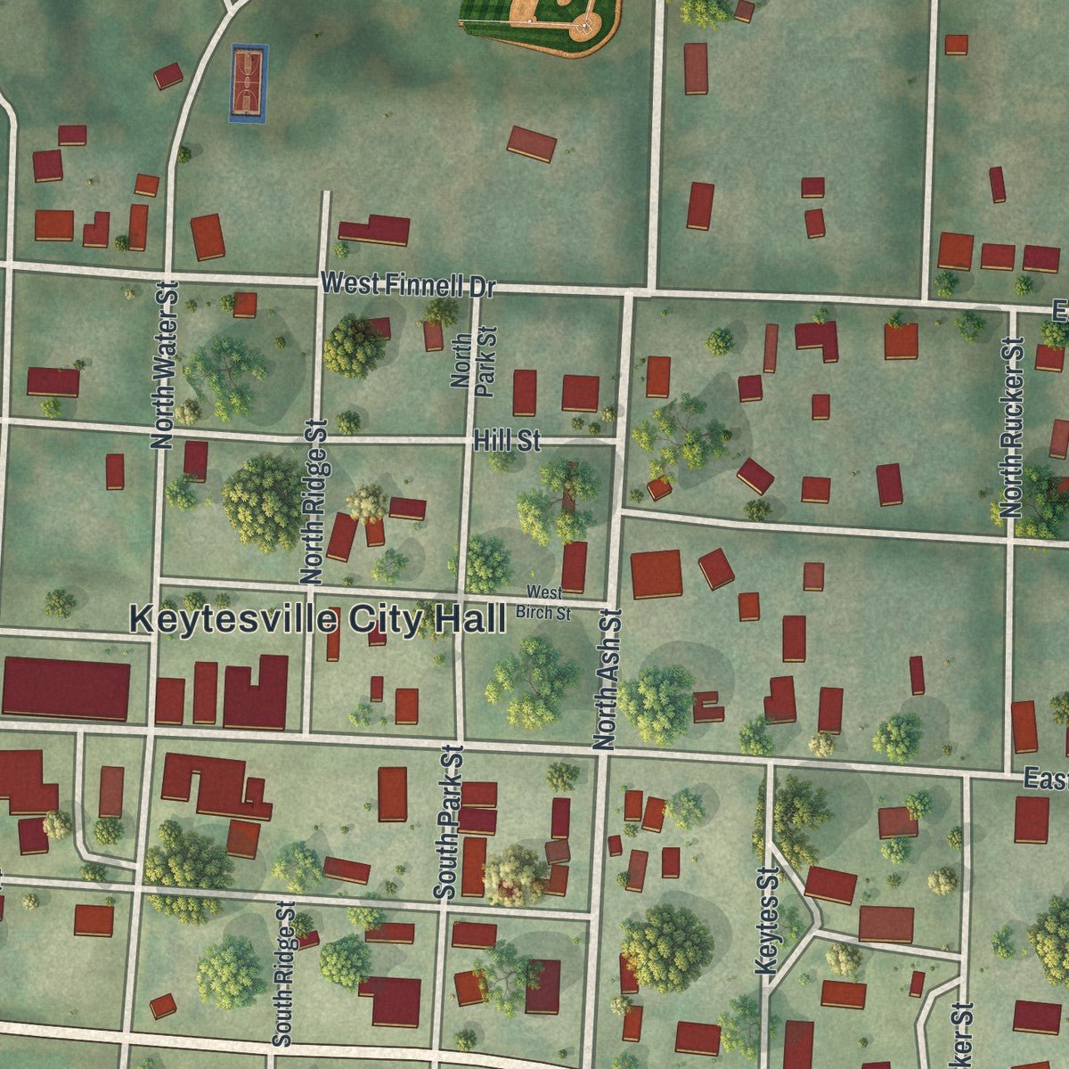Close-up of the map of Keytesville, Missouri print showing street and building detail