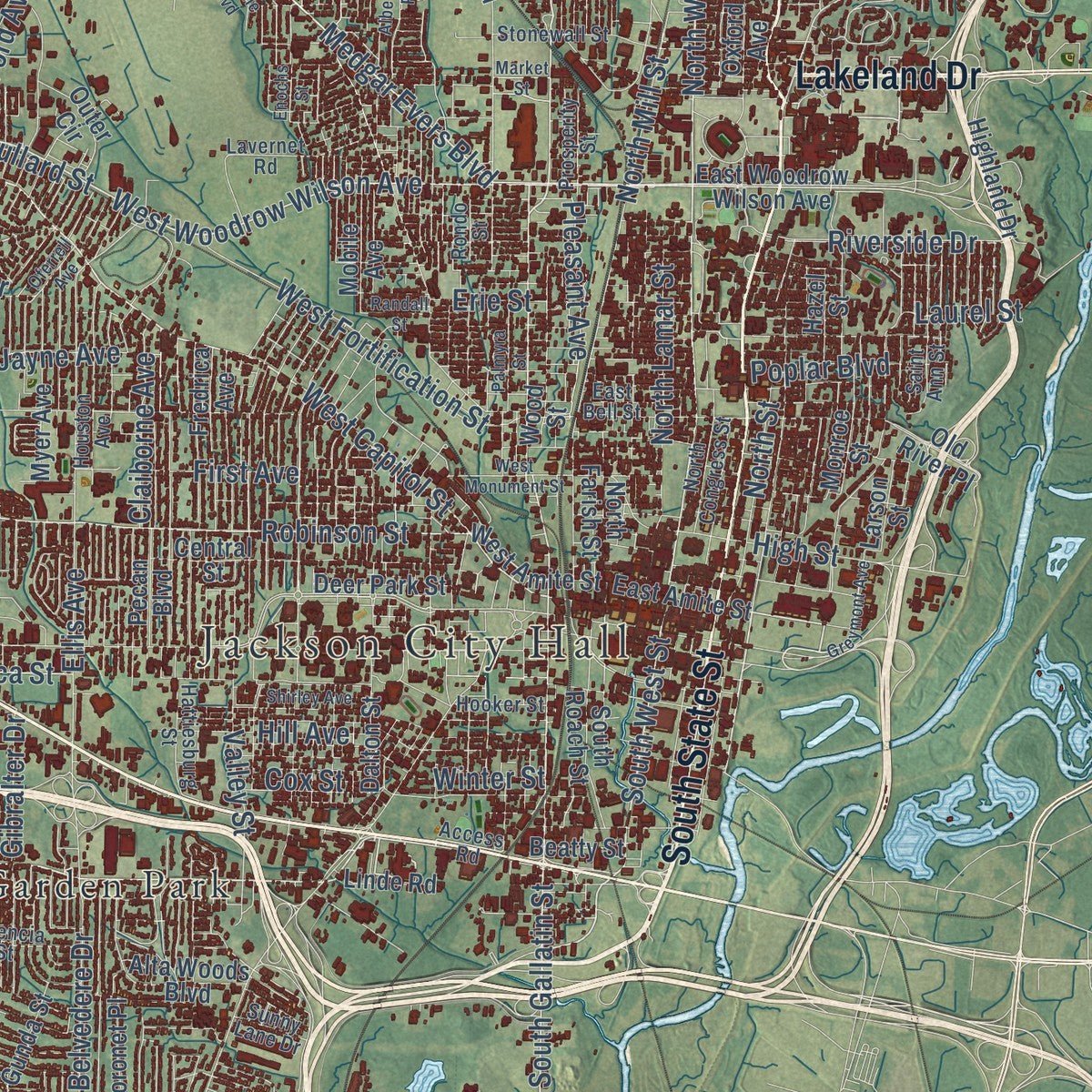 Close-up of the map of Jackson, Mississippi print showing street and building detail