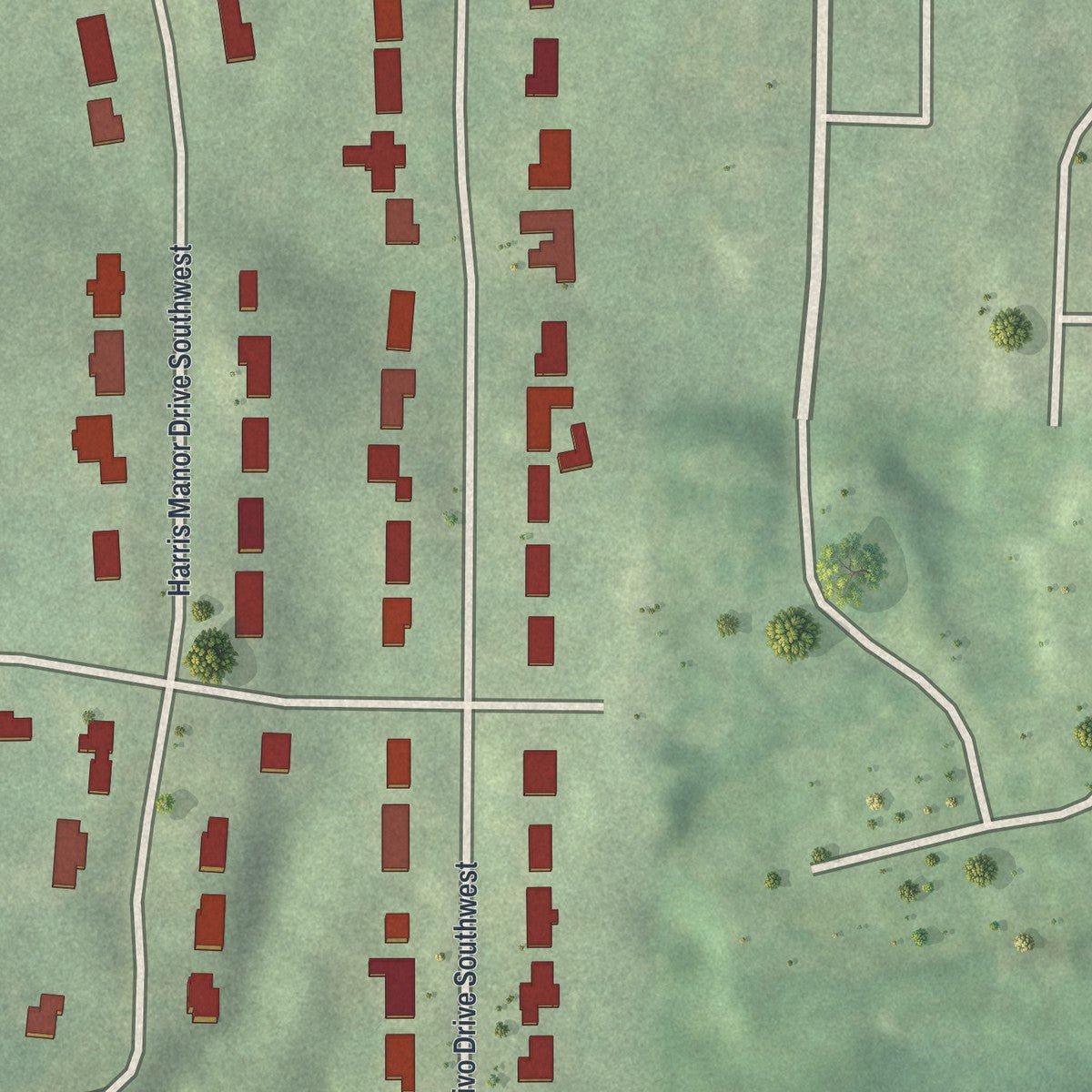 Close-up of the map of Chalet Woods, Georgia print showing street and building detail