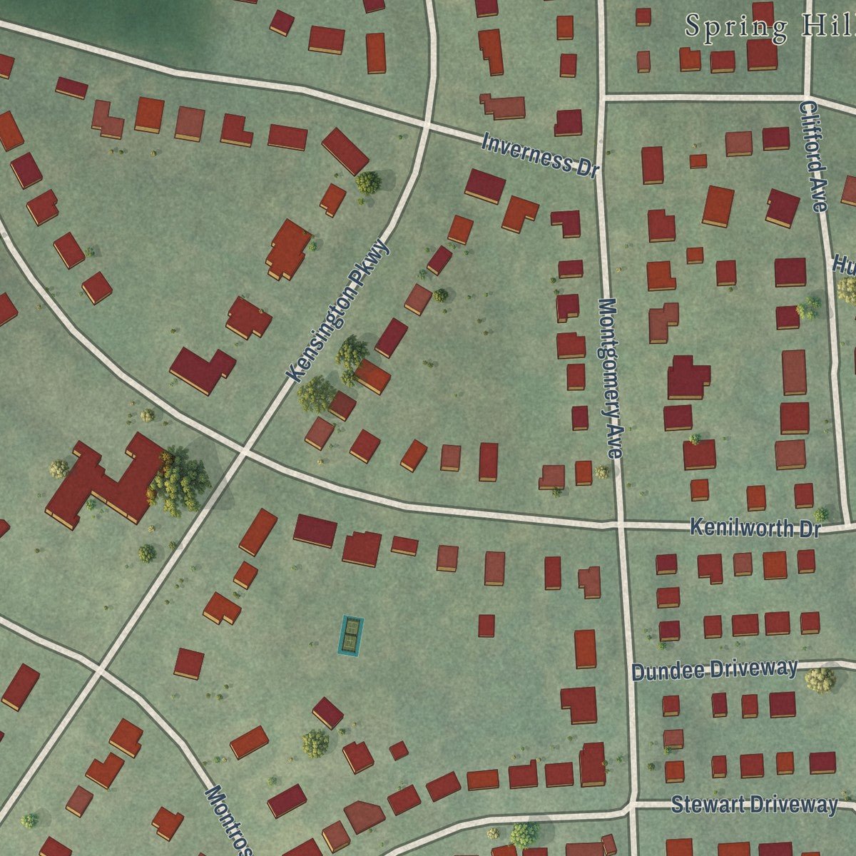 Close-up of the map of North Chevy Chase, Maryland print showing street and building detail