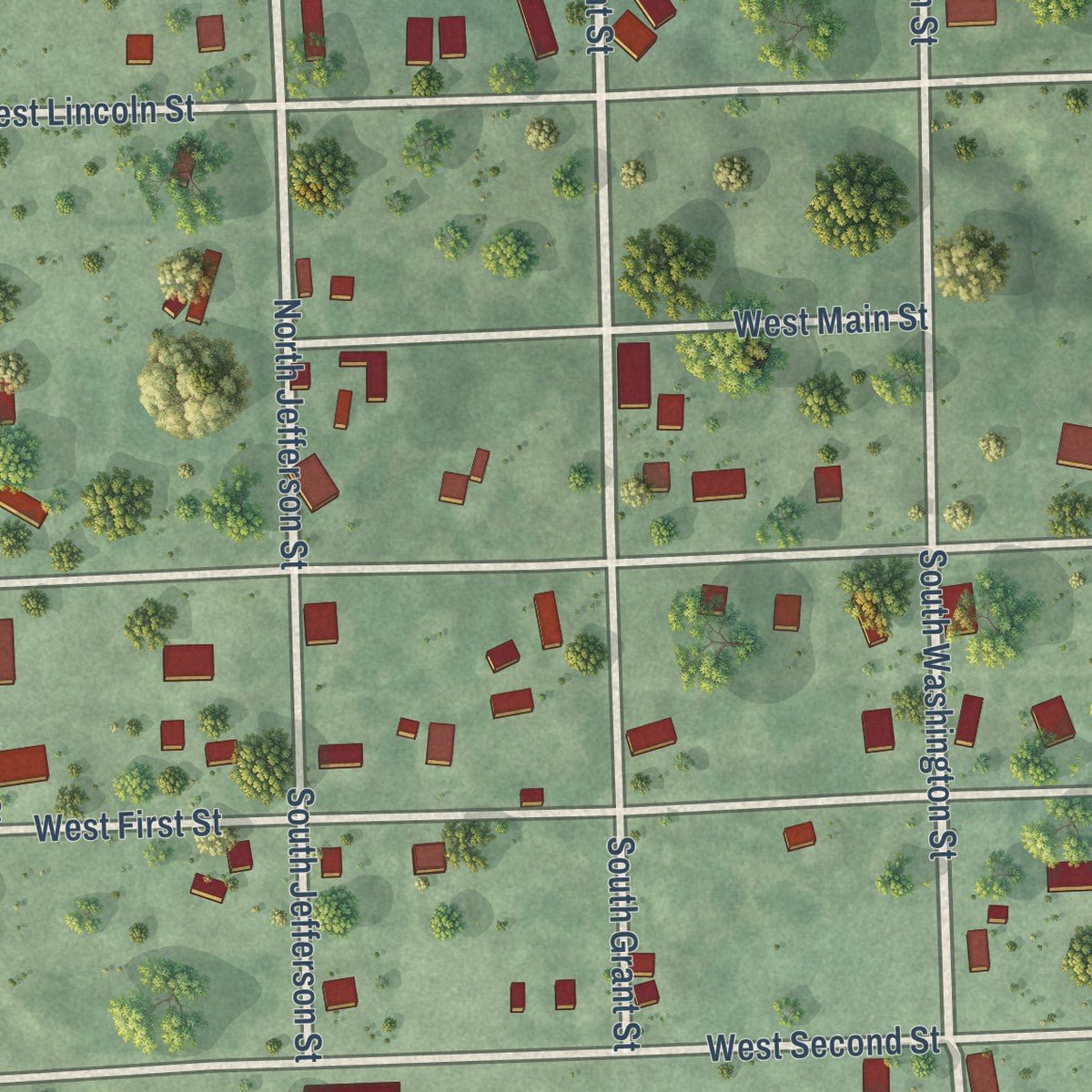 Close-up of the map of Blue Springs, Nebraska print showing street and building detail