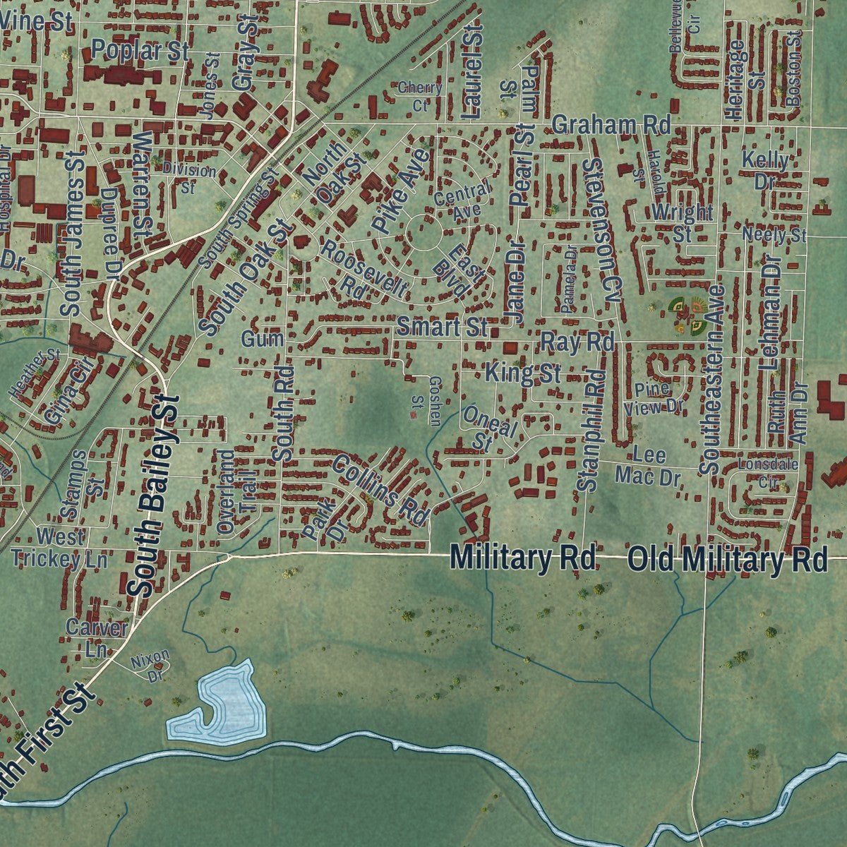 Close-up of the map of Jacksonville, Arkansas print showing street and building detail
