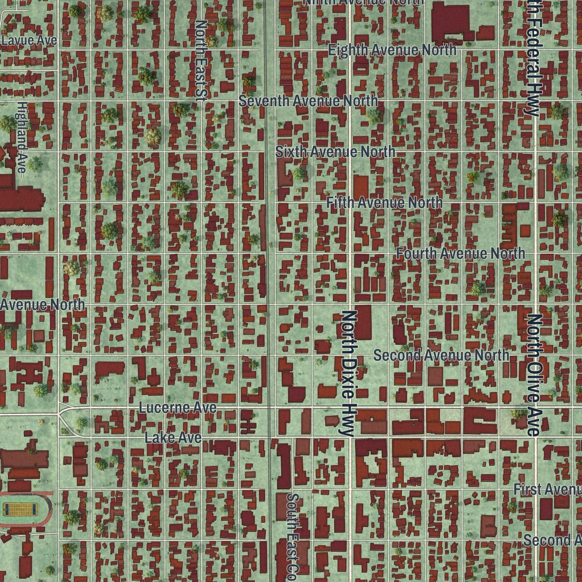 Close-up of the map of Lake Worth Beach, Florida print showing street and building detail