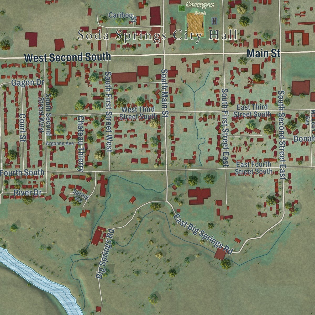Close-up of the map of Soda Springs, Idaho print showing street and building detail