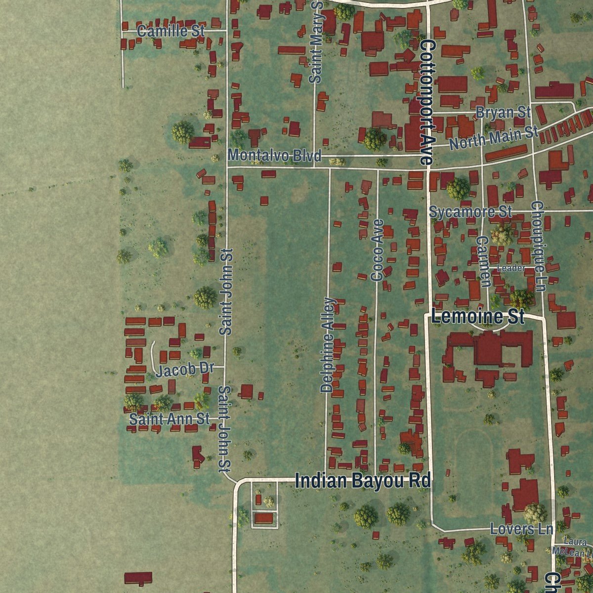Close-up of the map of Cottonport, Louisiana print showing street and building detail
