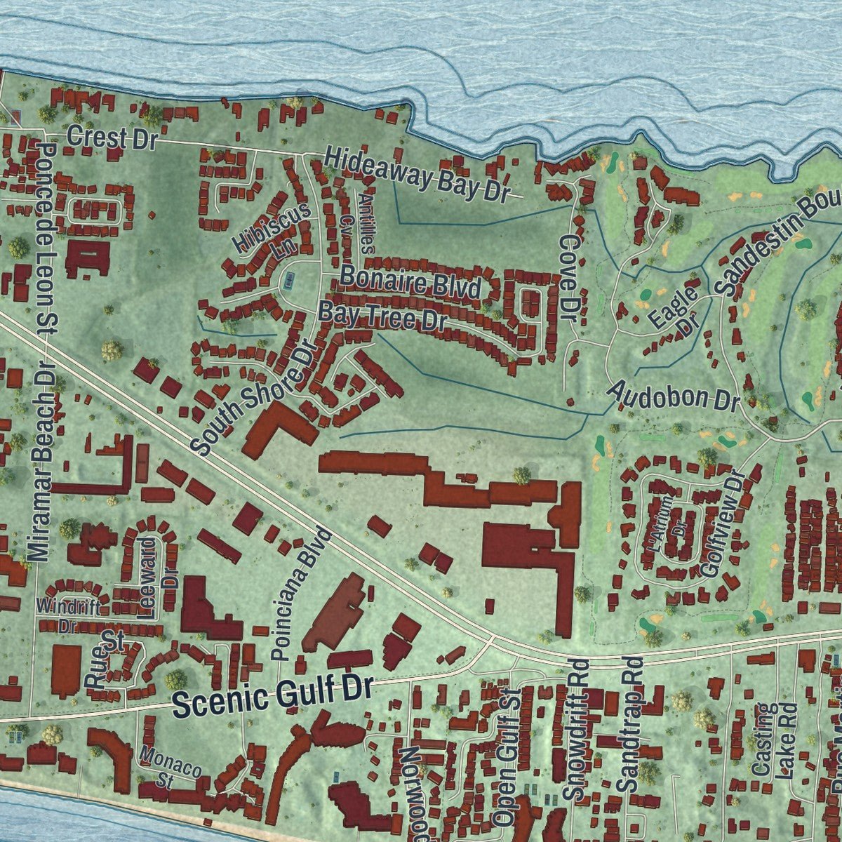 Close-up of the map of Miramar Beach, Florida print showing street and building detail