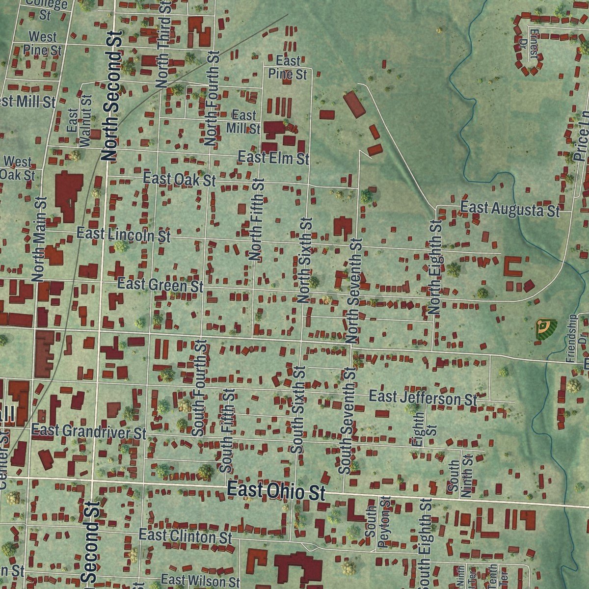 Close-up of the map of Clinton, Missouri print showing street and building detail