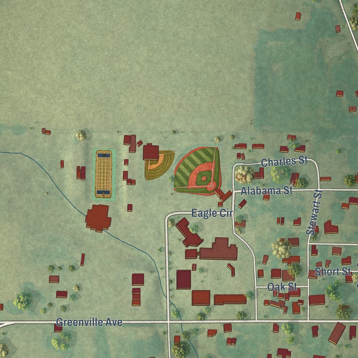 Close-up of the map of Goshen, Alabama print showing street and building detail