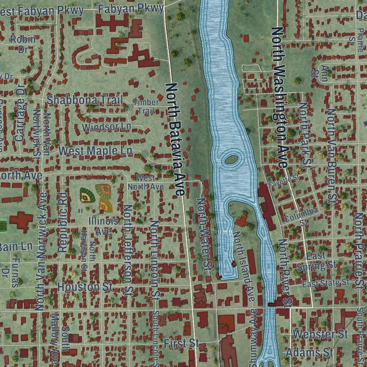 Close-up of the map of Batavia, Illinois print showing street and building detail