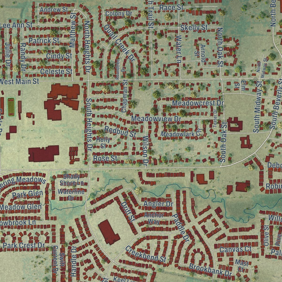 Close-up of the map of Crowley, Texas print showing street and building detail