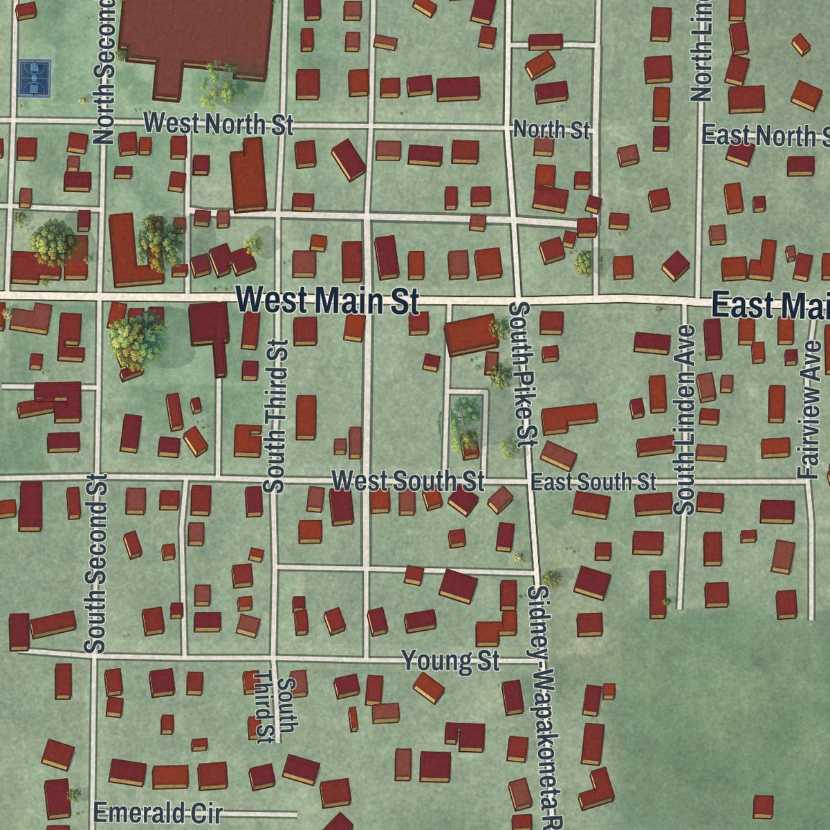 Close-up of the map of Anna, Ohio print showing street and building detail