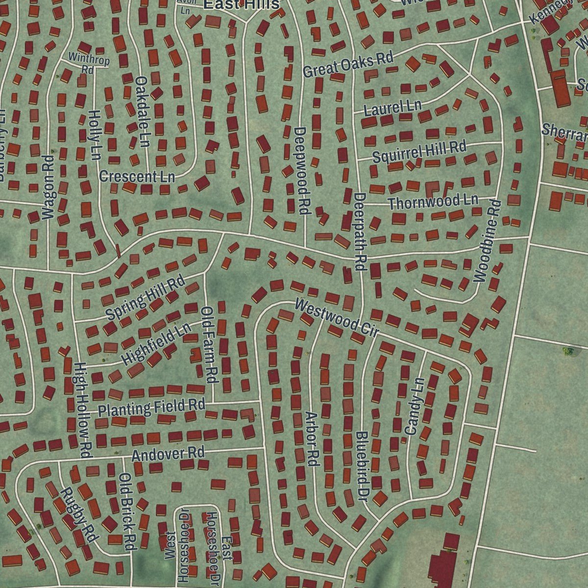 Close-up of the map of East Hills, New York print showing street and building detail