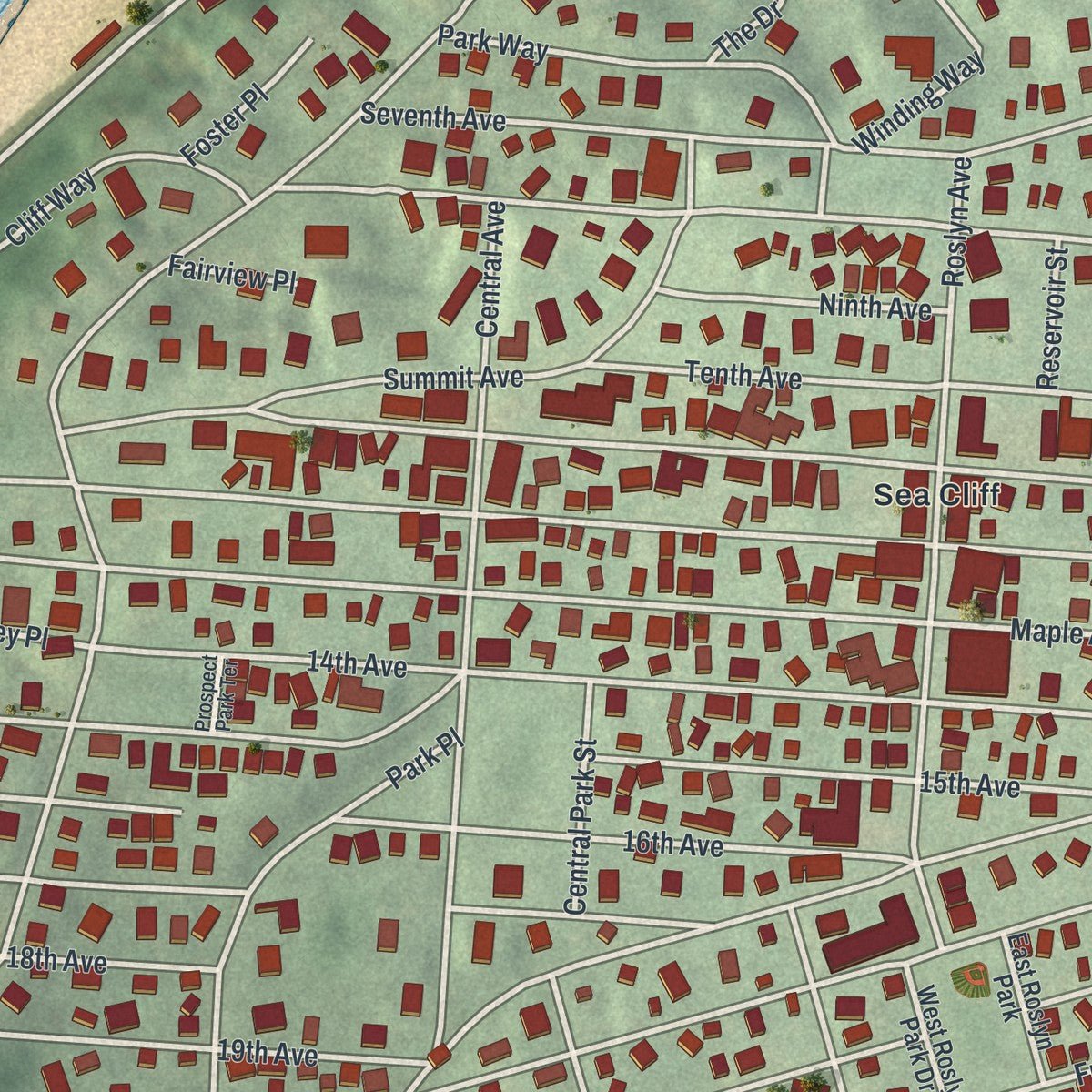 Close-up of the map of Sea Cliff, New York print showing street and building detail