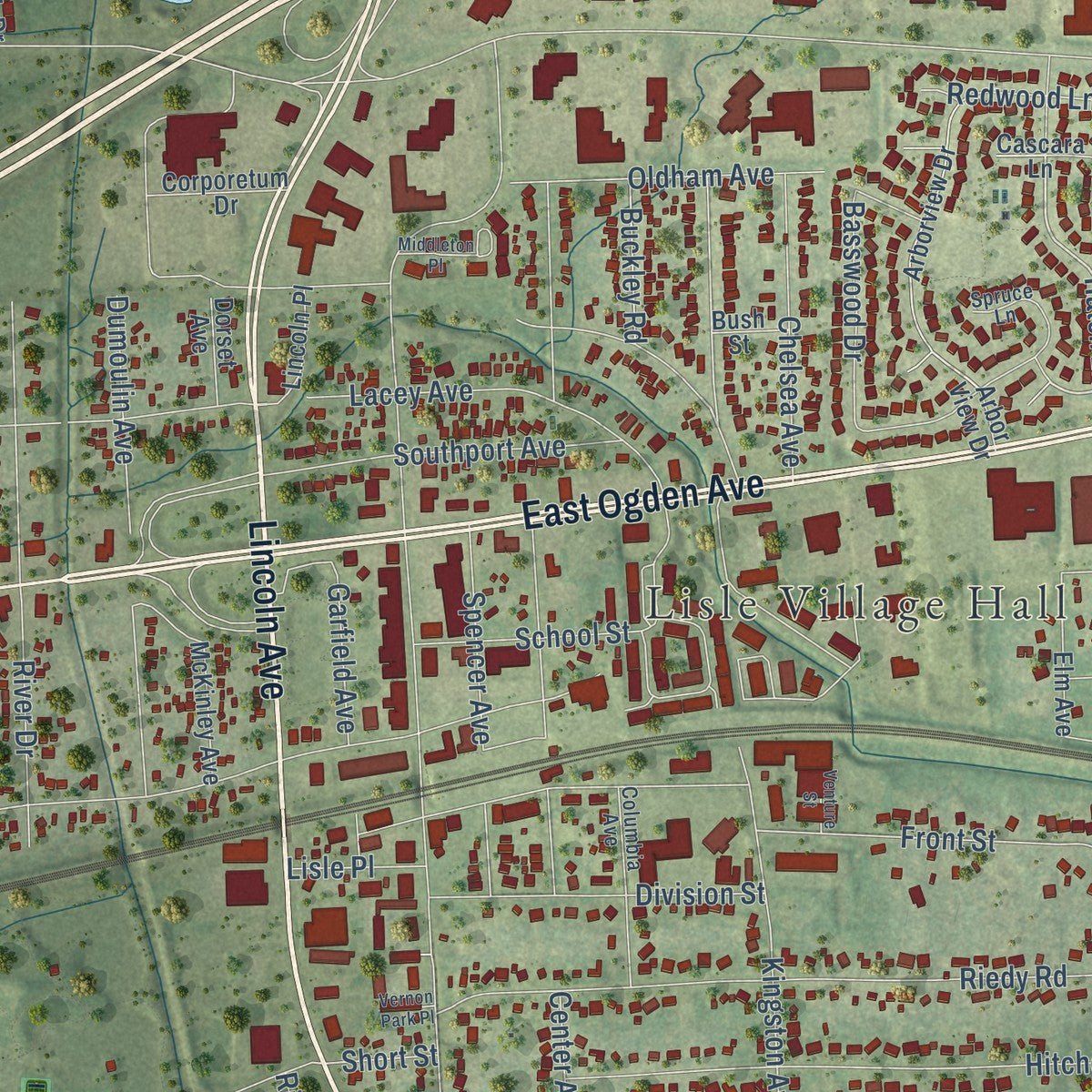 Close-up of the map of Lisle, Illinois print showing street and building detail