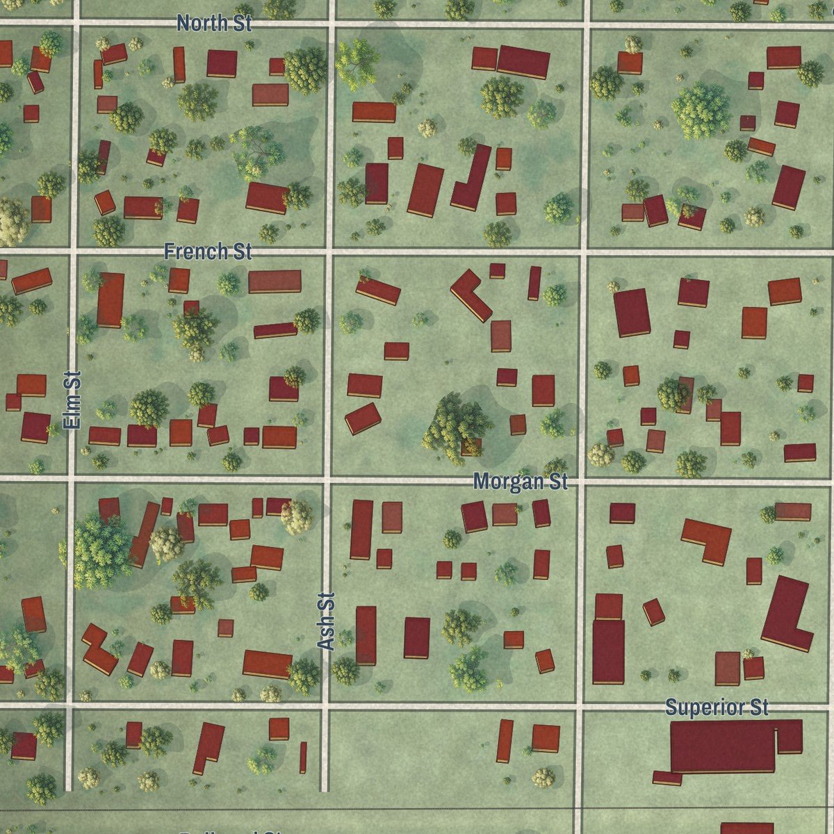 Close-up of the map of Chapin, Illinois print showing street and building detail