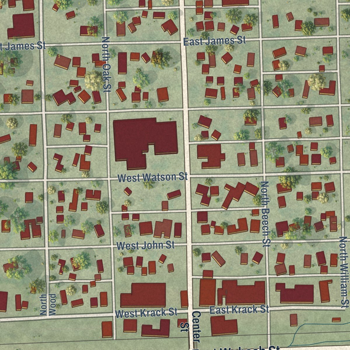 Close-up of the map of Forrest, Illinois print showing street and building detail