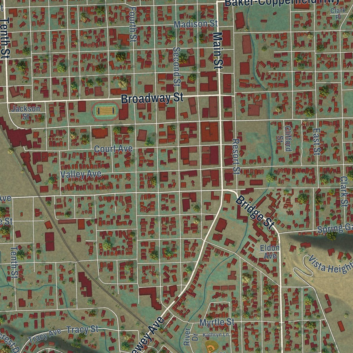 Close-up of the map of Baker City, Oregon print showing street and building detail