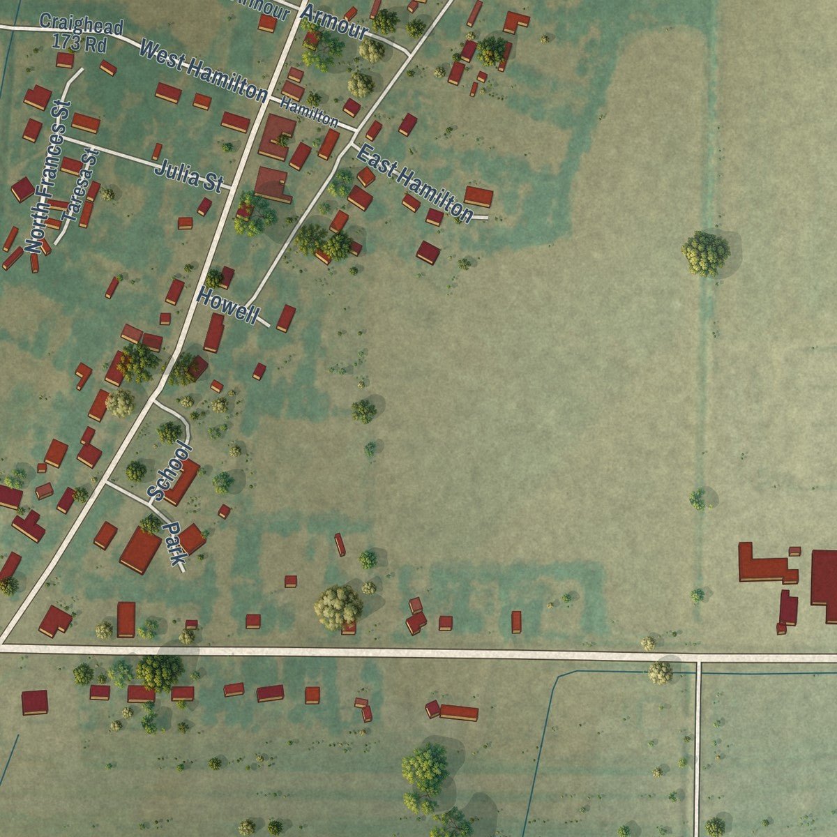Close-up of the map of Cash, Arkansas print showing street and building detail