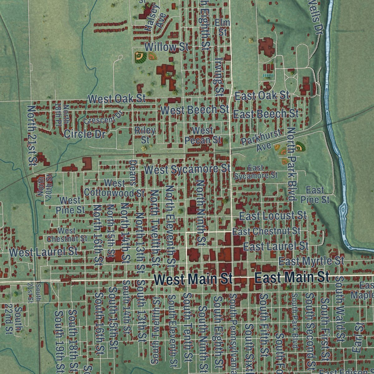 Close-up of the map of Independence, Kansas print showing street and building detail