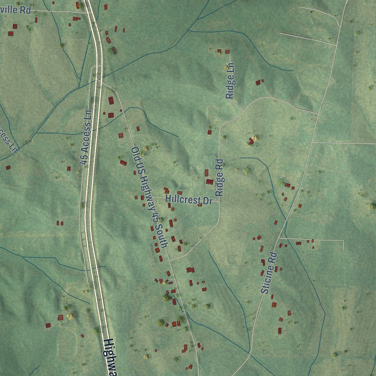 Close-up of the map of Guys, Tennessee print showing street and building detail