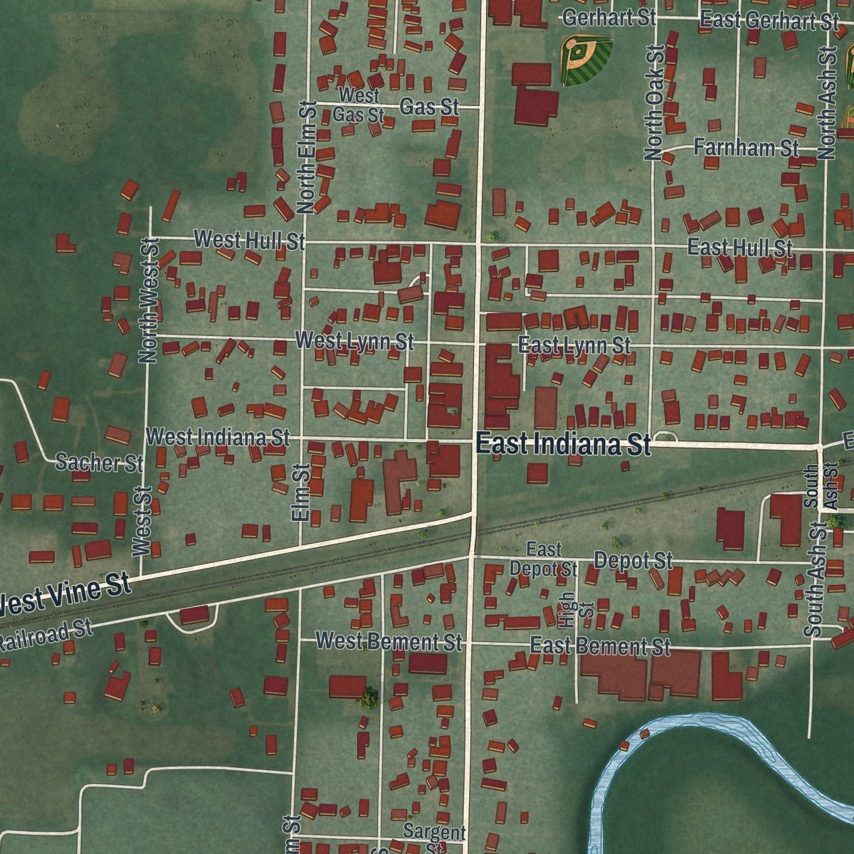Close-up of the map of Edgerton, Ohio print showing street and building detail