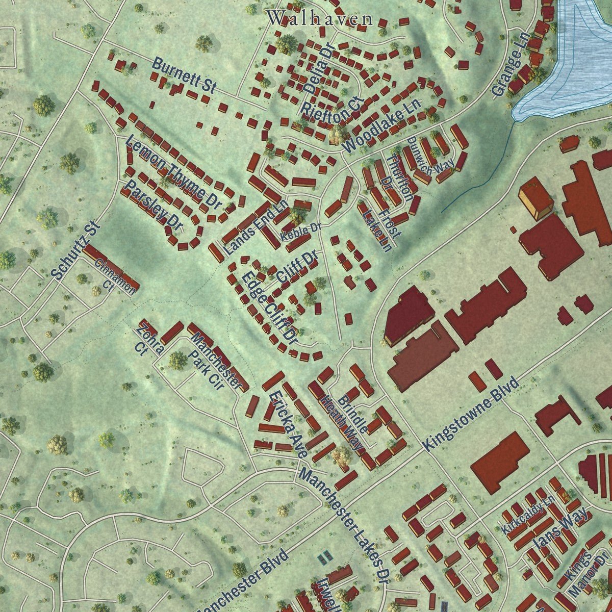 Close-up of the map of Kingstowne, Virginia print showing street and building detail